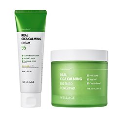 Wellage Real Cica Calming Big Embo Toner Pad 160ml (70 sheets) + Real Cica Calming 95 Cream 80ml